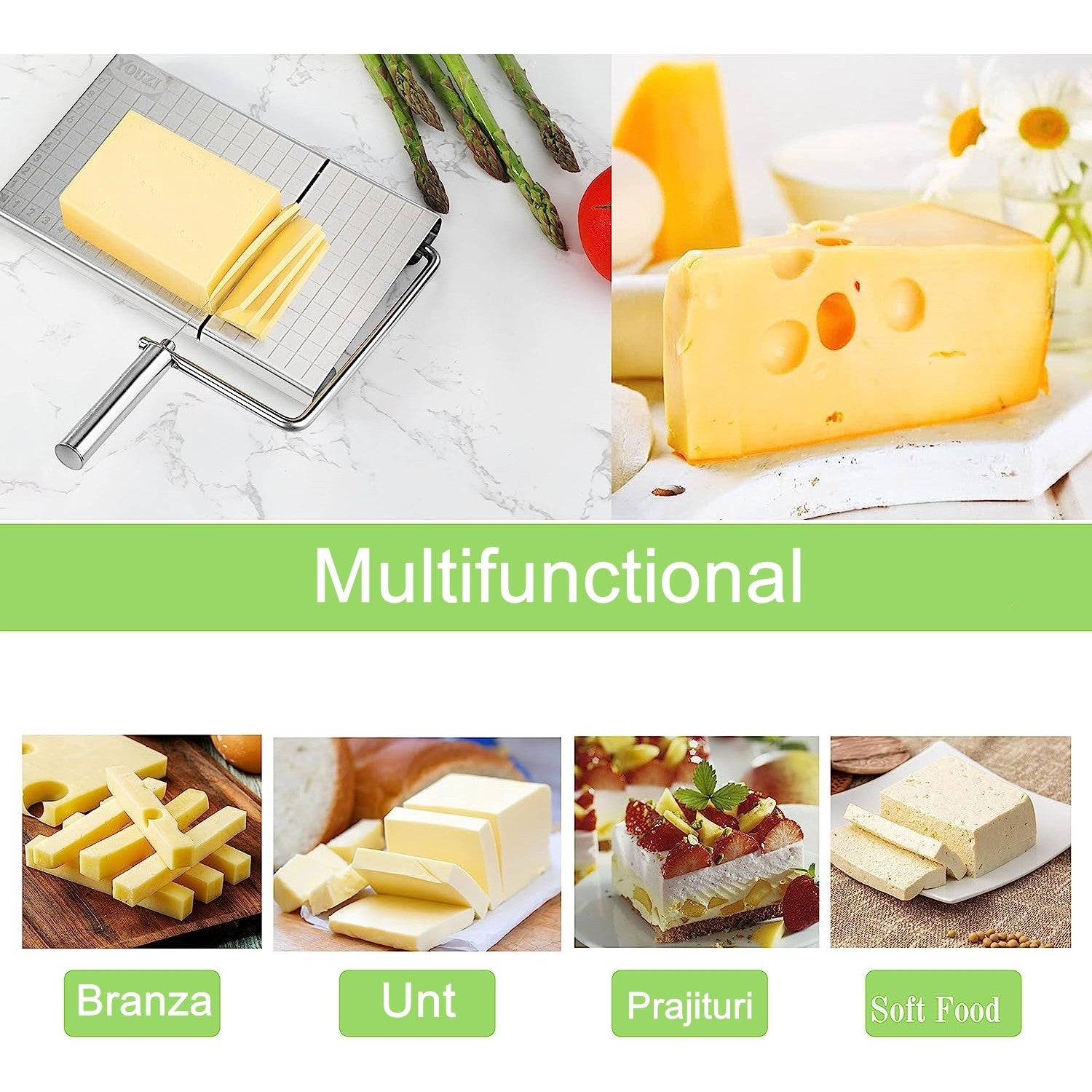 Feliator manual pentru cascaval, salam, prajituri, unt, din otel inoxidabil, usor de curatat si utilizat, 5 lame de schimb incluse, picioare antiderapante, 21 x 12.2 x 2.8 cm, argintiu