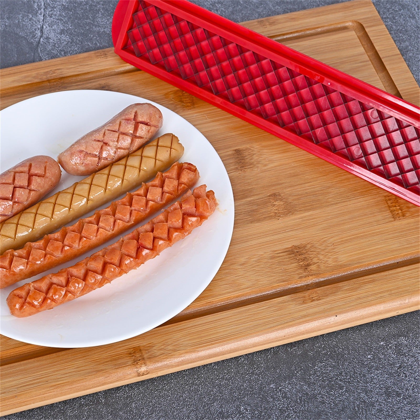 Feliator manual pentru hot-dog crestare carnati si hot-dog, manual, potrivit pentru gratar, 29.5 x 6.5 cm, din inox si ABS, rosu