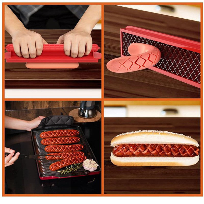 Feliator manual pentru hot-dog crestare carnati si hot-dog, manual, potrivit pentru gratar, 29.5 x 6.5 cm, din inox si ABS, rosu