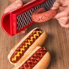 Feliator manual pentru hot-dog crestare carnati si hot-dog, manual, potrivit pentru gratar, 29.5 x 6.5 cm, din inox si ABS, rosu