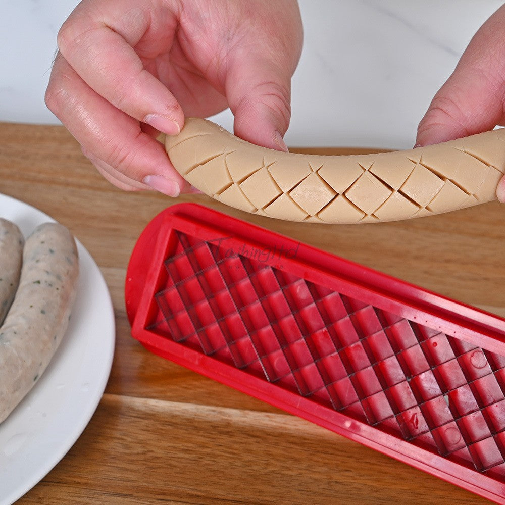 Feliator manual pentru hot-dog crestare carnati si hot-dog, manual, potrivit pentru gratar, 29.5 x 6.5 cm, din inox si ABS, rosu