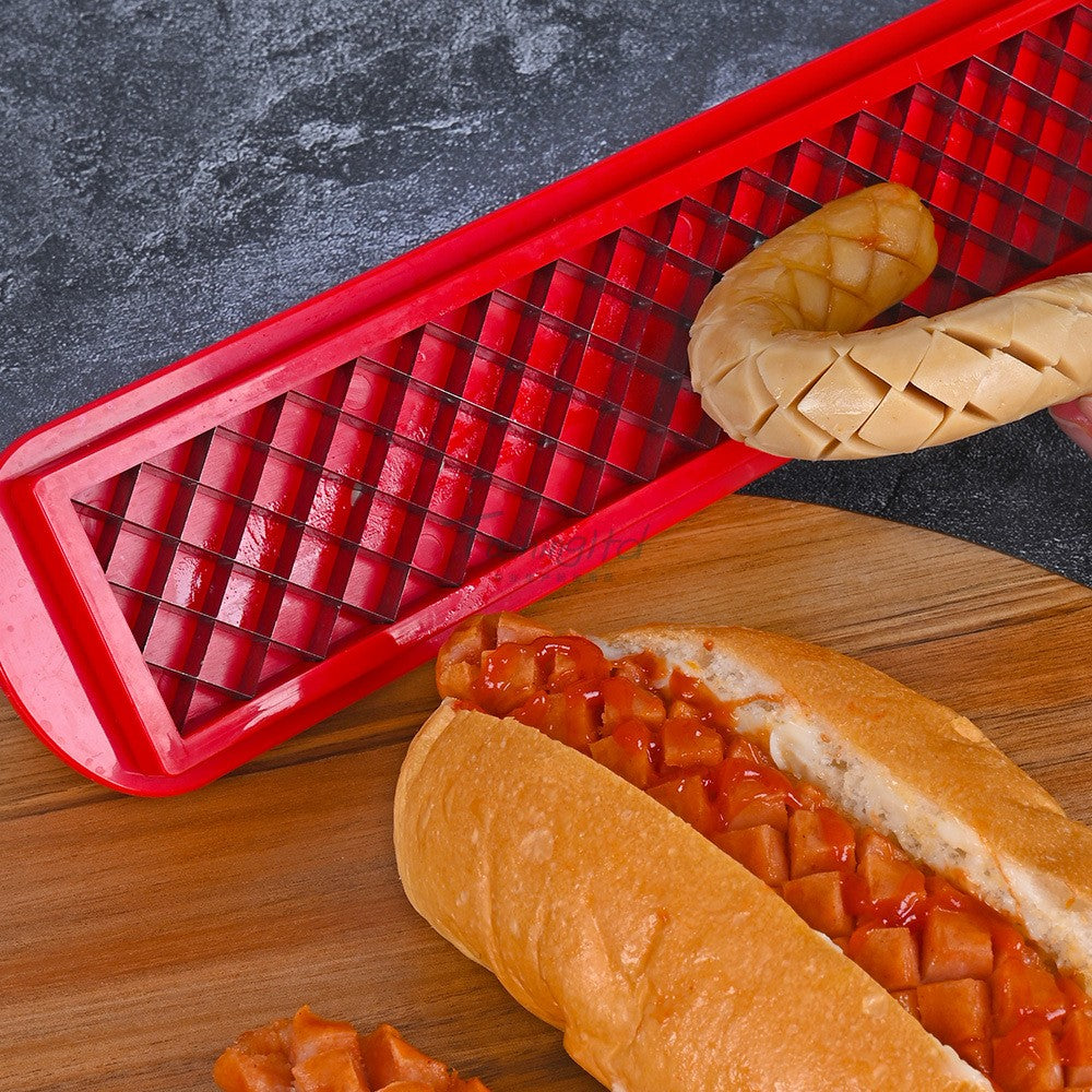Feliator manual pentru hot-dog crestare carnati si hot-dog, manual, potrivit pentru gratar, 29.5 x 6.5 cm, din inox si ABS, rosu