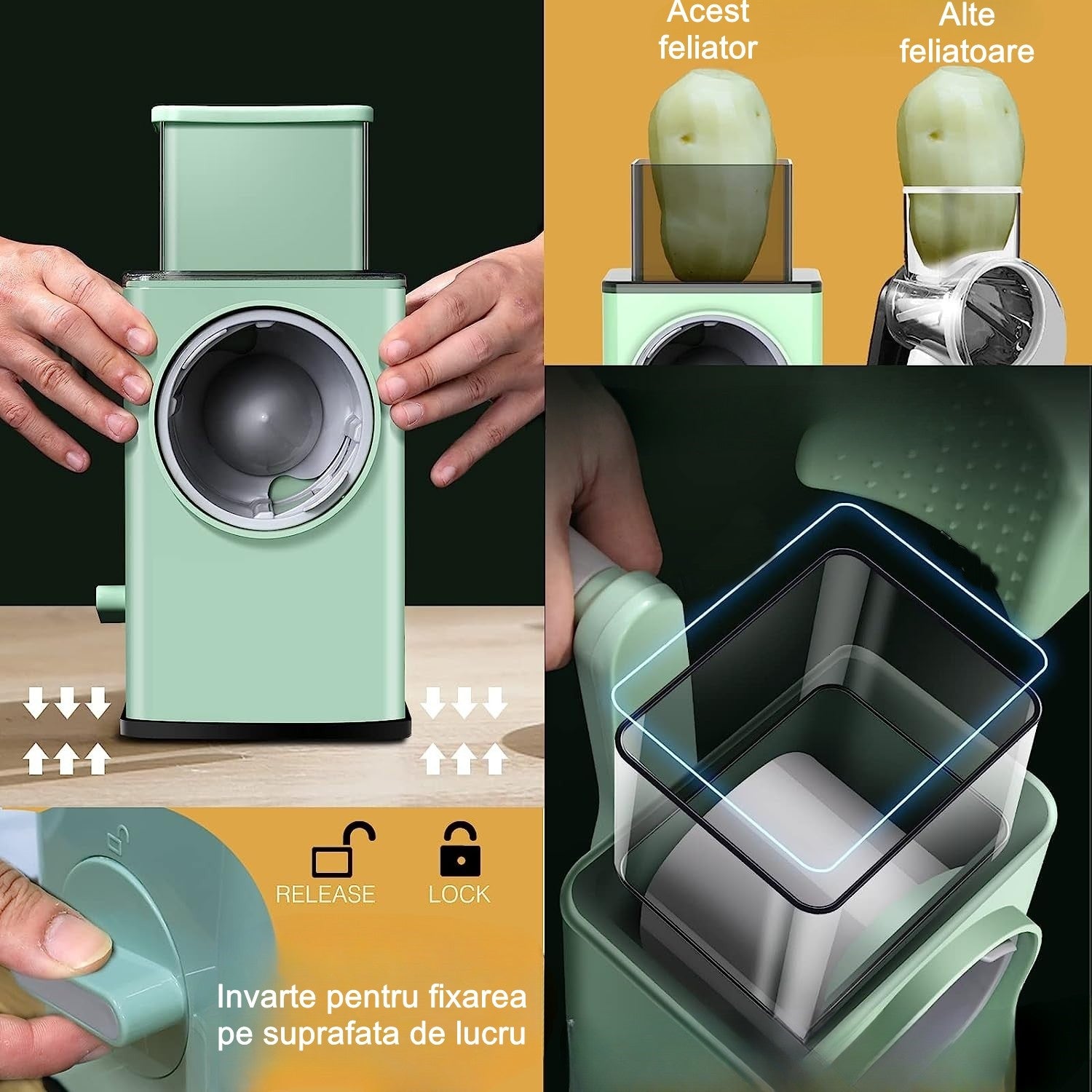 Feliator manual pentru legume 3 lame din otel inxodabil, 3 tipuri de feliere, material carcasa ABS, latime maxima feliere 4 mm, baza de tip ventuza, usor si sigur de utilizat, 28.5 x 9,2 x 13.5 cm, verde