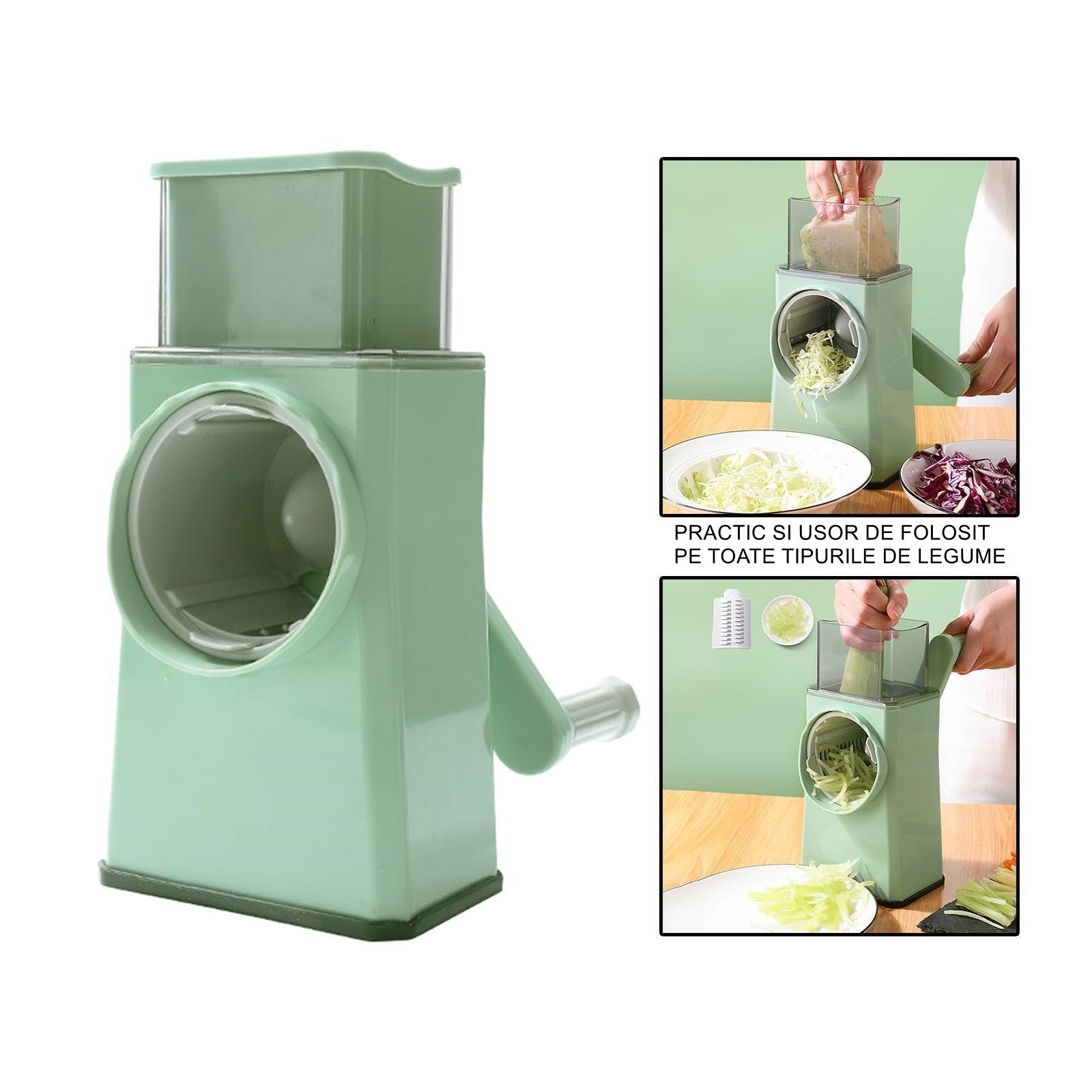 Feliator manual pentru legume 3 lame din otel inxodabil, 3 tipuri de feliere, material carcasa ABS, latime maxima feliere 4 mm, baza de tip ventuza, usor si sigur de utilizat, 28.5 x 9,2 x 13.5 cm, verde