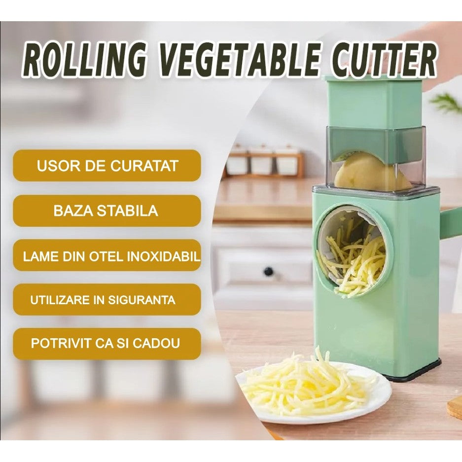 Feliator manual pentru legume 3 lame din otel inxodabil, 3 tipuri de feliere, material carcasa ABS, latime maxima feliere 4 mm, baza de tip ventuza, usor si sigur de utilizat, 28.5 x 9,2 x 13.5 cm, verde