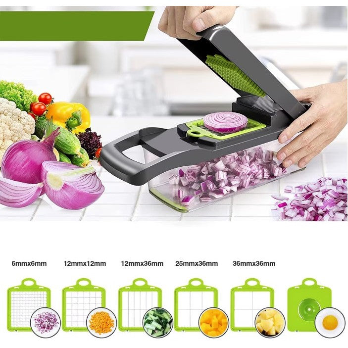 Feliator Multifunctional, Razatoare, 8 in 1, pentru Fructe si Legume, 10 Piese, Lame de Inox, Recipient Stocare, Separator Oua, Protectie Mana, ABS, 32.2x11.3 cm, Verde/Gri