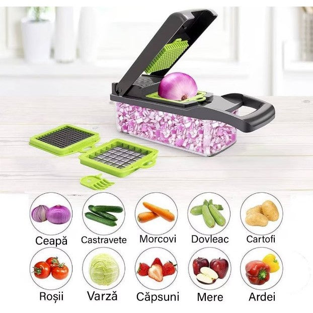 Feliator Multifunctional, Razatoare, 8 in 1, pentru Fructe si Legume, 10 Piese, Lame de Inox, Recipient Stocare, Separator Oua, Protectie Mana, ABS, 32.2x11.3 cm, Verde/Gri