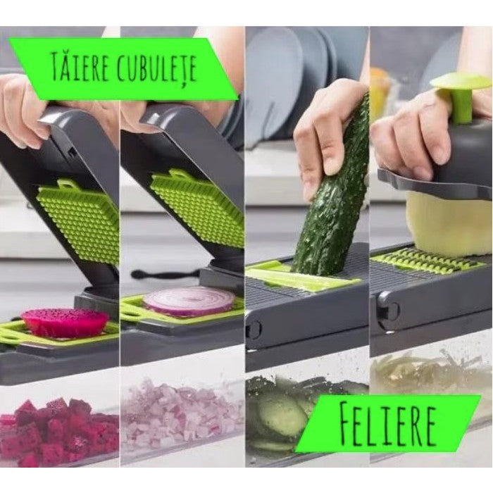 Feliator Multifunctional, Razatoare, 8 in 1, pentru Fructe si Legume, 10 Piese, Lame de Inox, Recipient Stocare, Separator Oua, Protectie Mana, ABS, 32.2x11.3 cm, Verde/Gri
