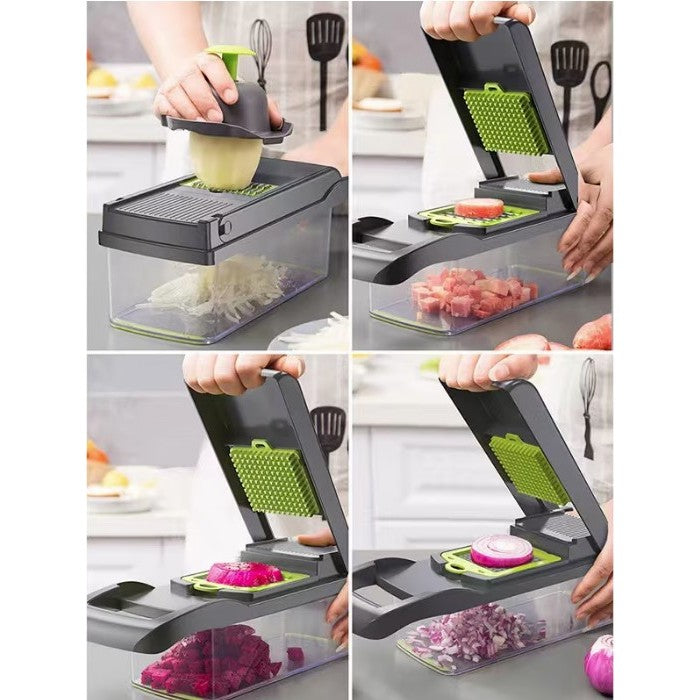 Feliator Multifunctional, Razatoare, 8 in 1, pentru Fructe si Legume, 10 Piese, Lame de Inox, Recipient Stocare, Separator Oua, Protectie Mana, ABS, 32.2x11.3 cm, Verde/Gri