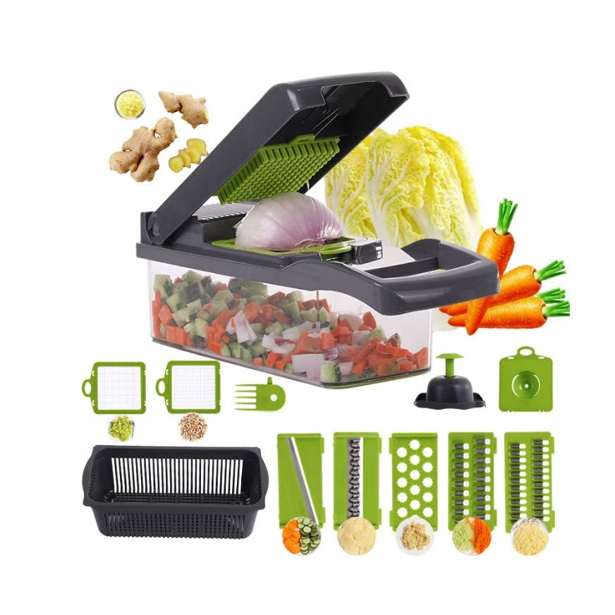 Feliator Multifunctional, Razatoare, 8 in 1, pentru Fructe si Legume, 10 Piese, Lame de Inox, Recipient Stocare, Separator Oua, Protectie Mana, ABS, 32.2x11.3 cm, Verde/Gri