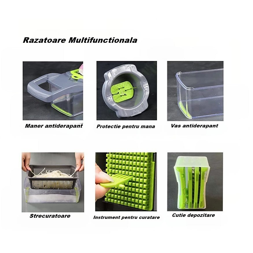 Feliator Multifunctional, Razatoare, 8 in 1, pentru Fructe si Legume, 10 Piese, Lame de Inox, Recipient Stocare, Separator Oua, Protectie Mana, ABS, 32.2x11.3 cm, Verde/Gri