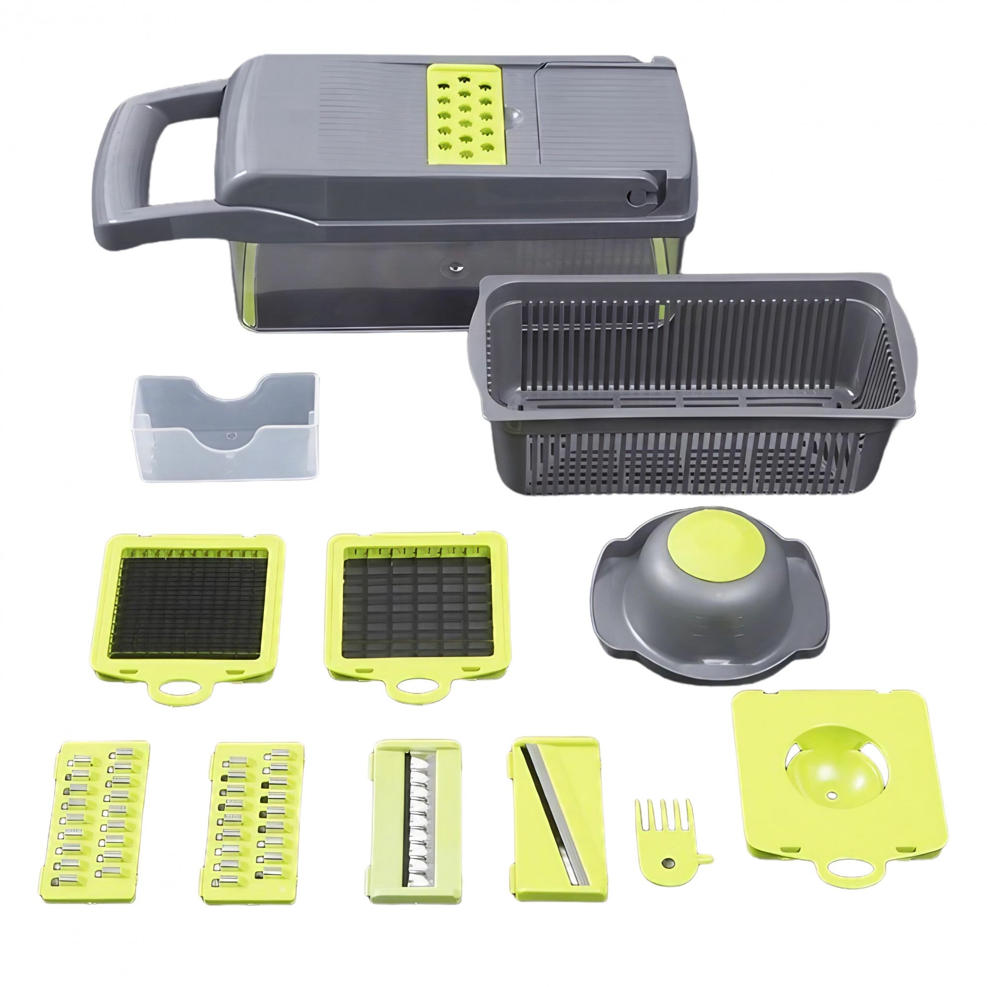 Feliator Multifunctional, Razatoare, 8 in 1, pentru Fructe si Legume, 10 Piese, Lame de Inox, Recipient Stocare, Separator Oua, Protectie Mana, ABS, 32.2x11.3 cm, Verde/Gri