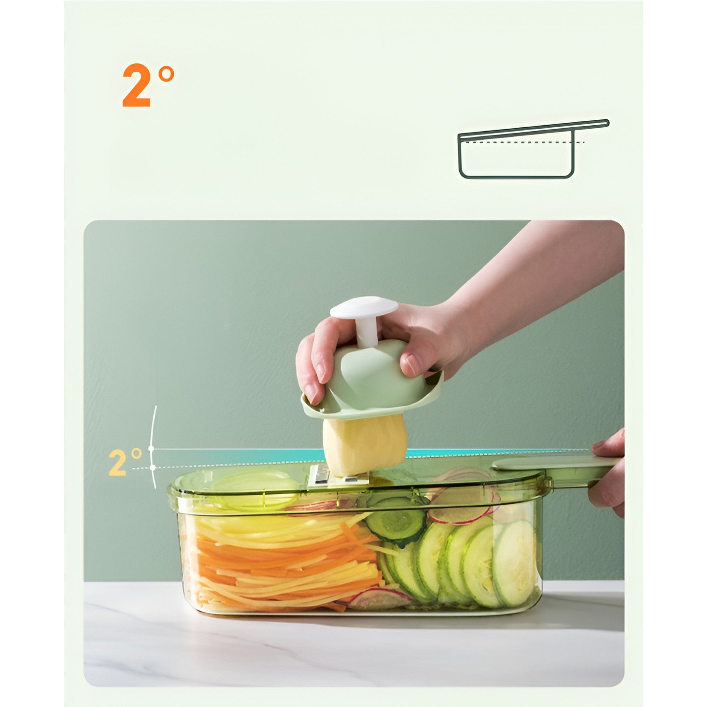 Feliator Multifunctional, 3 in 1, pentru Fructe si Legume, 6 Piese, Maner, Lame de Inox, Recipient Stocare, Protectie Mana, ABS, 35x12x9.4 cm, Verde