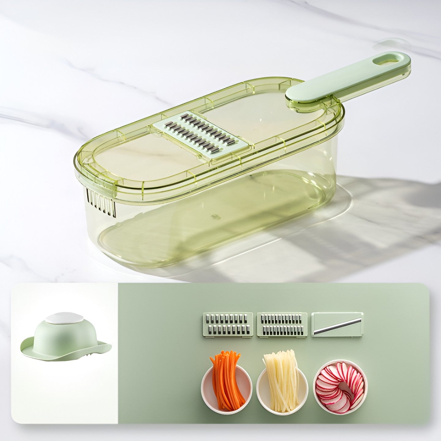 Feliator Multifunctional, 3 in 1, pentru Fructe si Legume, 6 Piese, Maner, Lame de Inox, Recipient Stocare, Protectie Mana, ABS, 35x12x9.4 cm, Verde