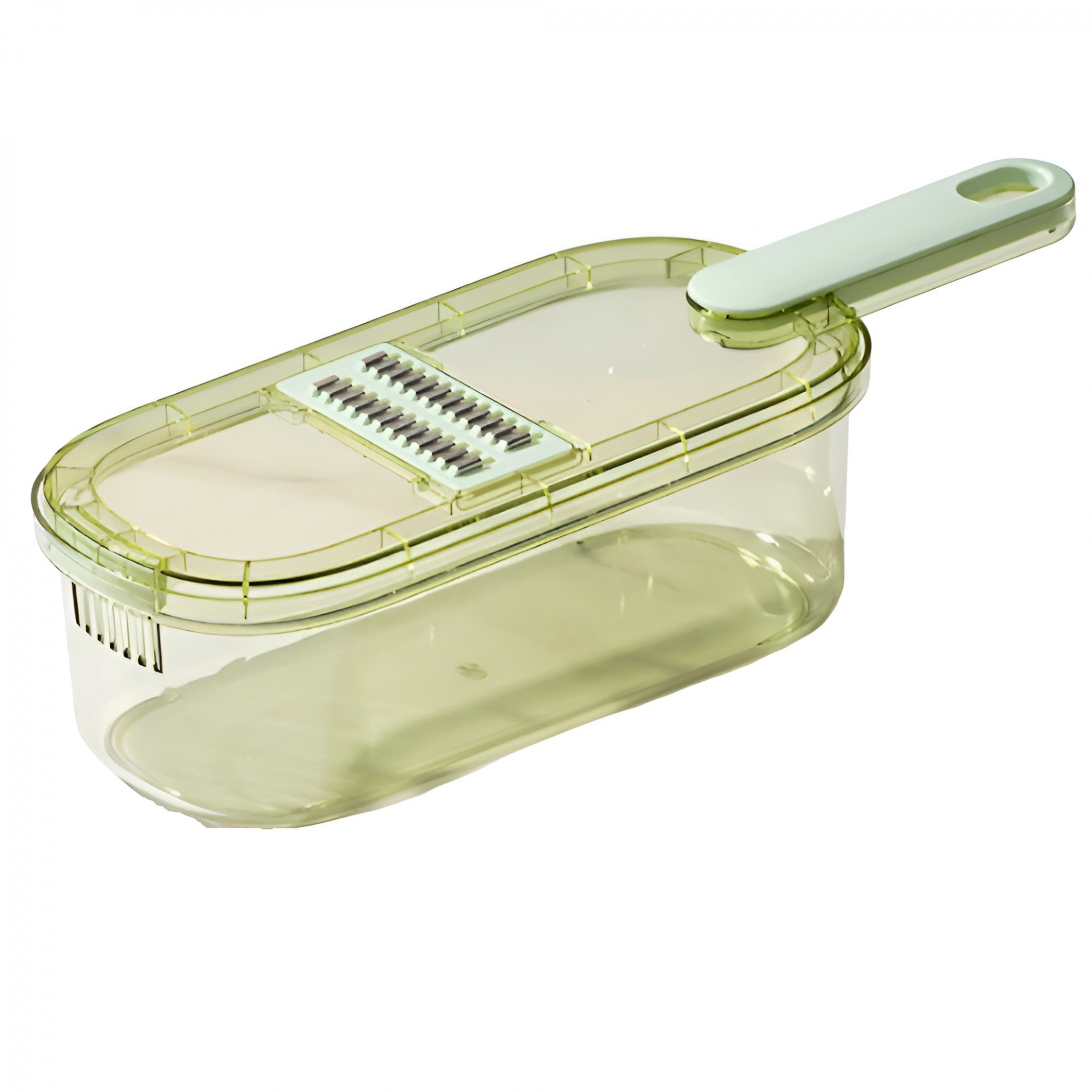 Feliator Multifunctional, 3 in 1, pentru Fructe si Legume, 6 Piese, Maner, Lame de Inox, Recipient Stocare, Protectie Mana, ABS, 35x12x9.4 cm, Verde