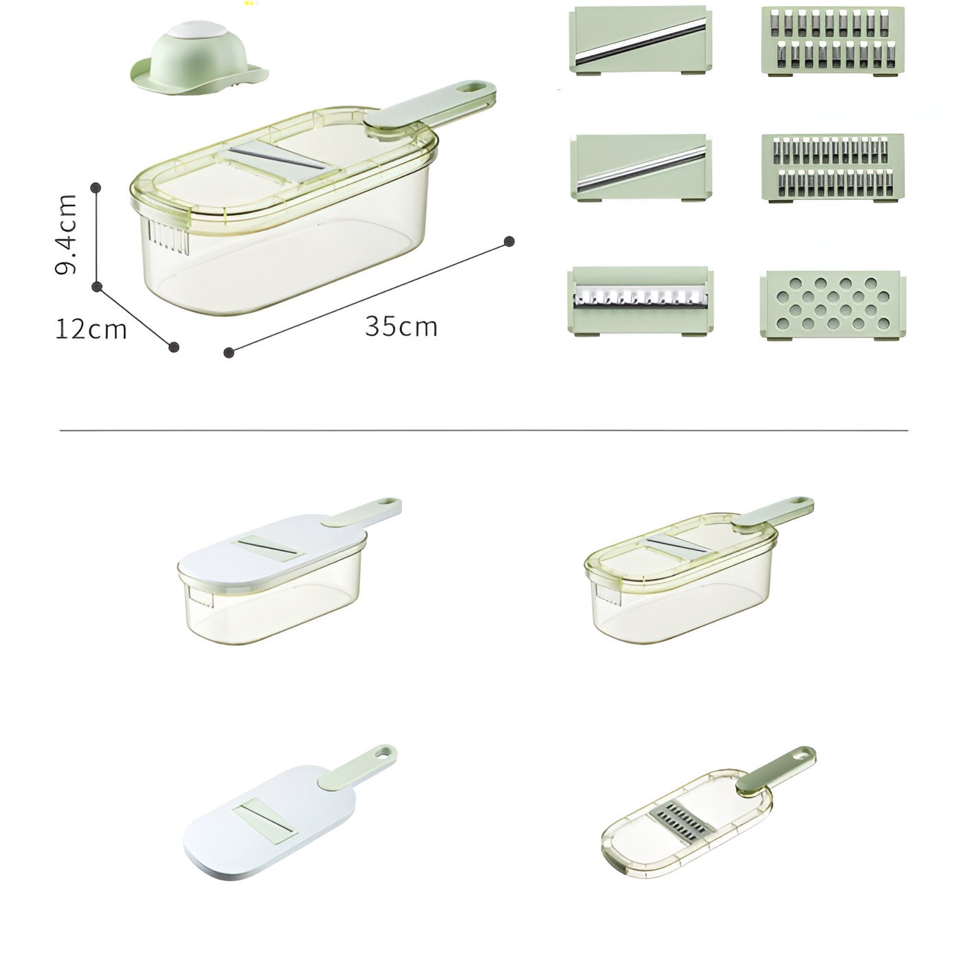 Feliator Multifunctional, 6 in 1, pentru Fructe si Legume, 9 Piese, Maner, Lame de Inox, Recipient Stocare, Protectie Mana, ABS, 35x12x9.4 cm, Verde