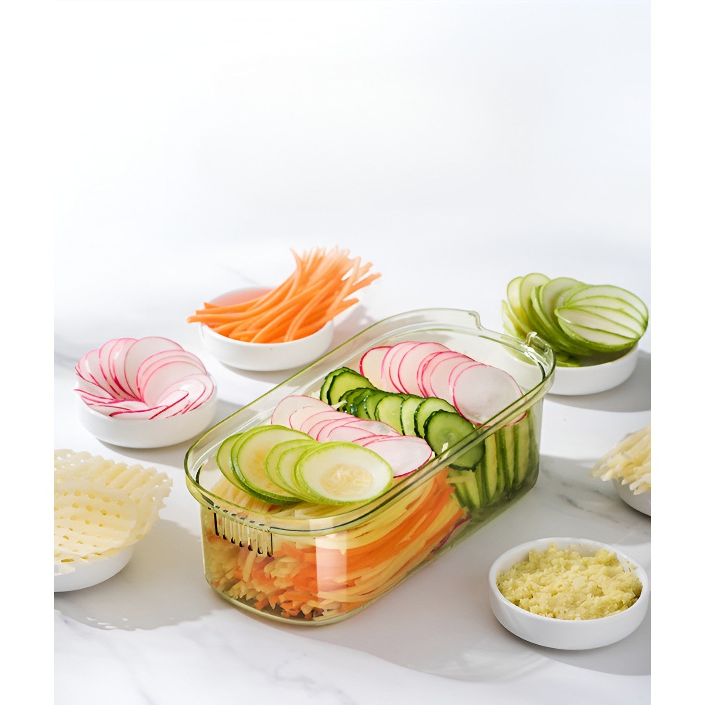 Feliator Multifunctional, 6 in 1, pentru Fructe si Legume, 9 Piese, Maner, Lame de Inox, Recipient Stocare, Protectie Mana, ABS, 35x12x9.4 cm, Verde
