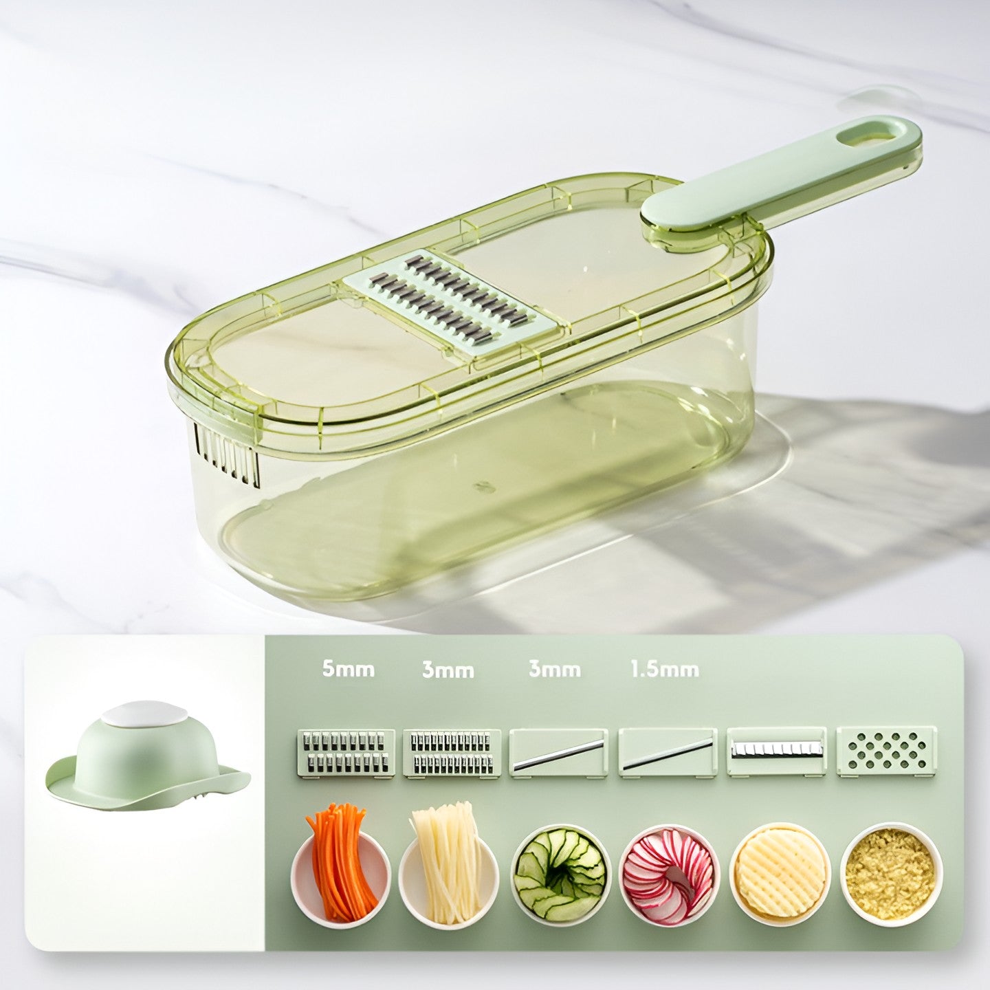 Feliator Multifunctional, 6 in 1, pentru Fructe si Legume, 9 Piese, Maner, Lame de Inox, Recipient Stocare, Protectie Mana, ABS, 35x12x9.4 cm, Verde