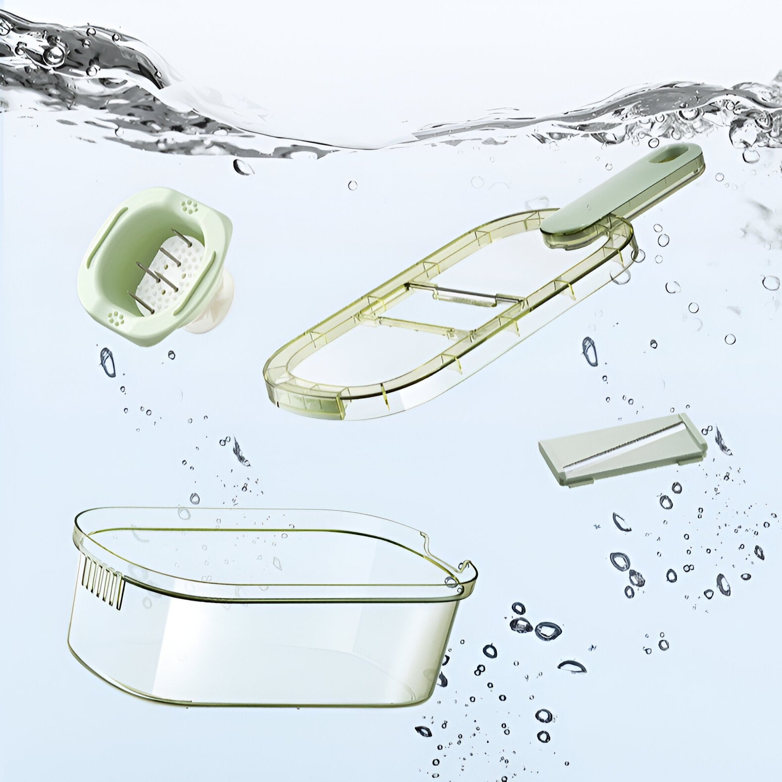 Feliator Multifunctional, 6 in 1, pentru Fructe si Legume, 9 Piese, Maner, Lame de Inox, Recipient Stocare, Protectie Mana, ABS, 35x12x9.4 cm, Verde