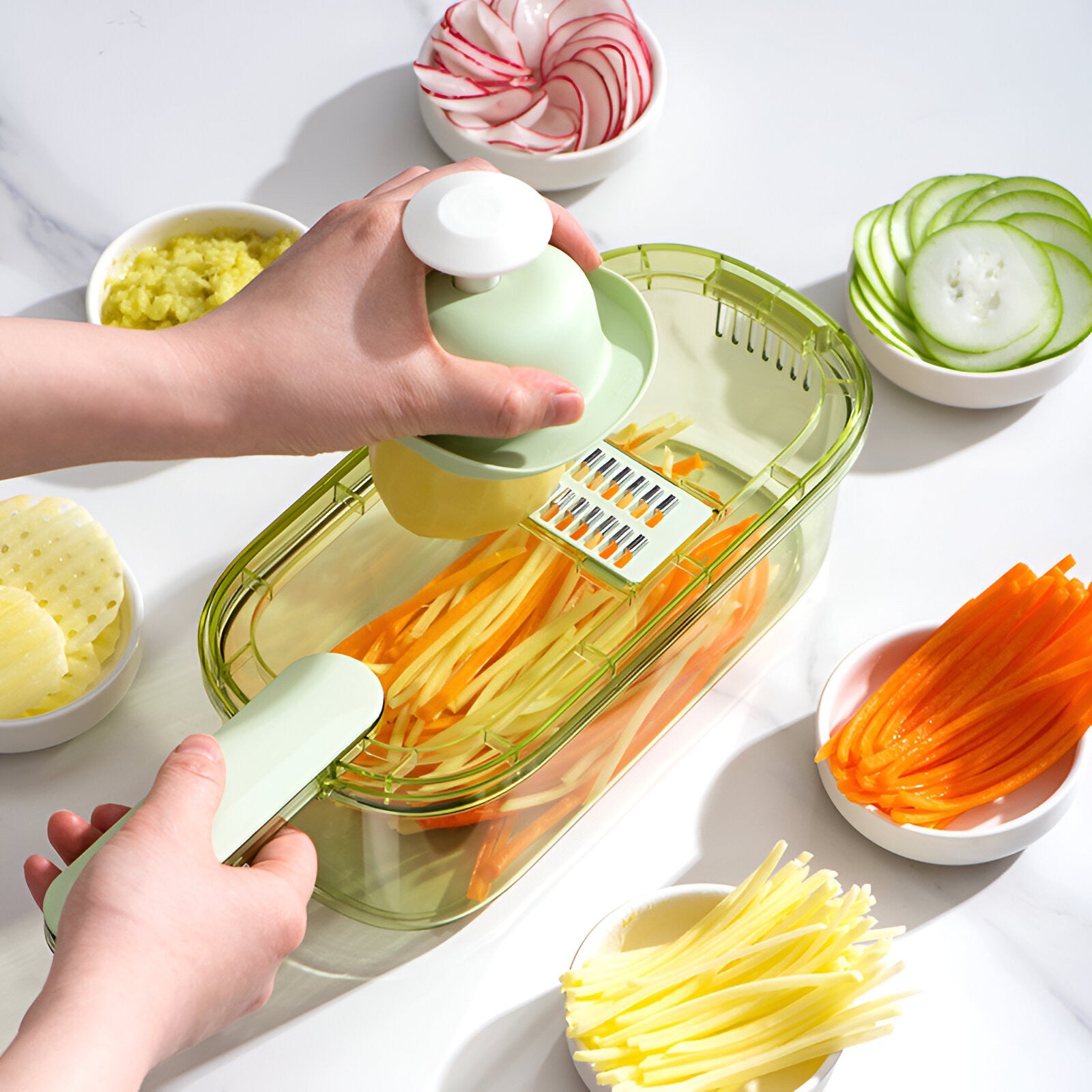 Feliator Multifunctional, 6 in 1, pentru Fructe si Legume, 9 Piese, Maner, Lame de Inox, Recipient Stocare, Protectie Mana, ABS, 35x12x9.4 cm, Verde