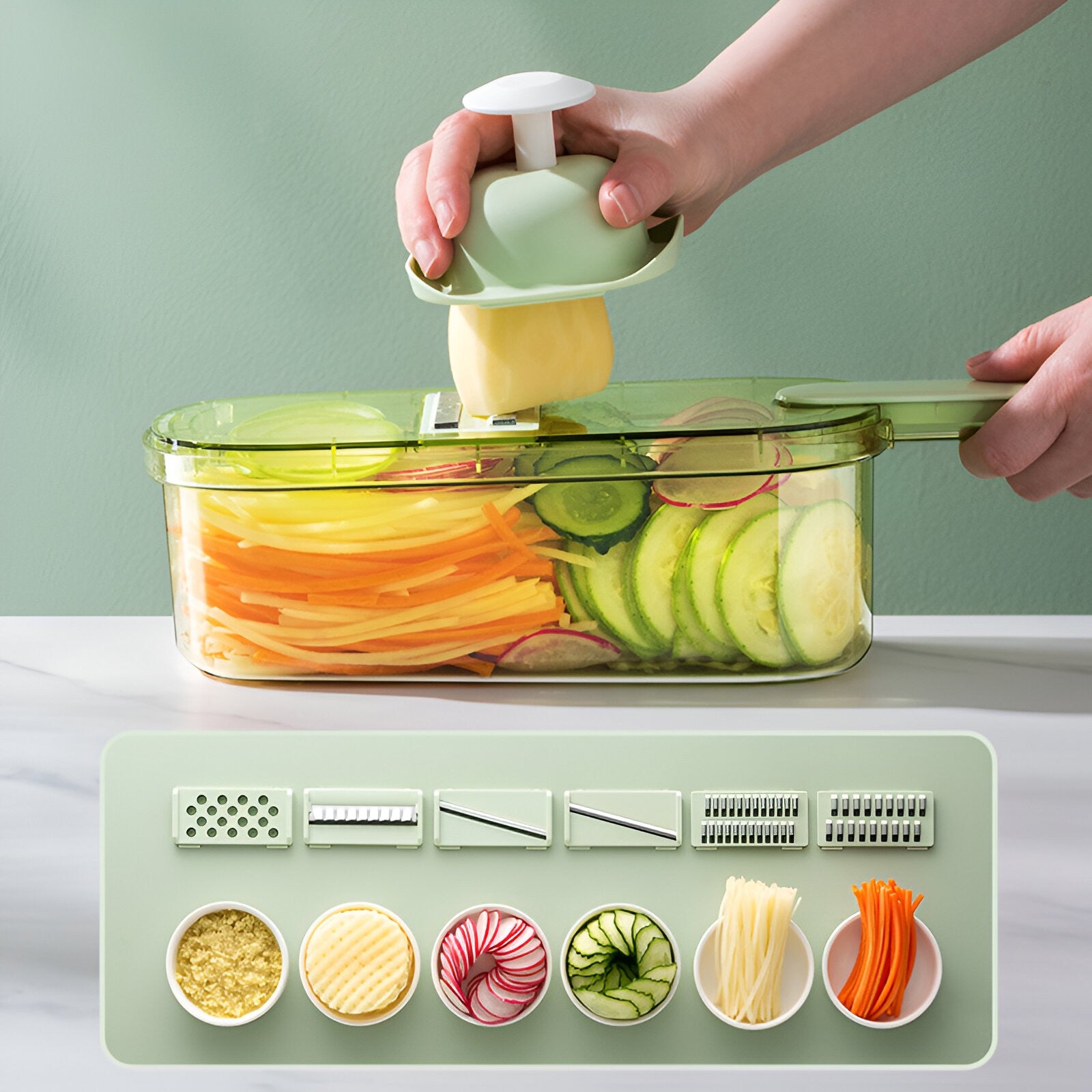 Feliator Multifunctional, 6 in 1, pentru Fructe si Legume, 9 Piese, Maner, Lame de Inox, Recipient Stocare, Protectie Mana, ABS, 35x12x9.4 cm, Verde
