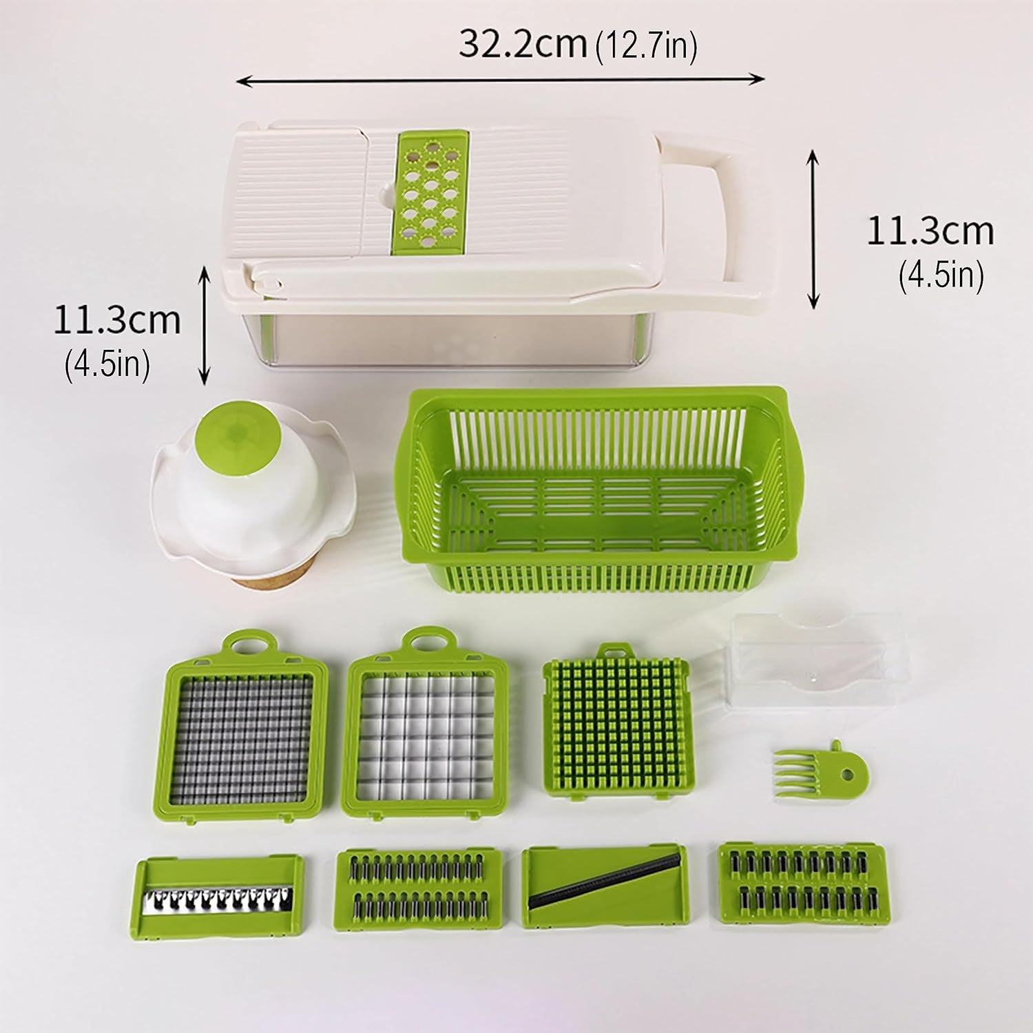 Feliator Multifunctional, Razatoare, 8 in 1, pentru Fructe si Legume, 10 Piese, Lame de Inox, Recipient Stocare, Separator Oua, Protectie Mana, ABS, 67.5x38.5x49.5 cm, Verde/Alb