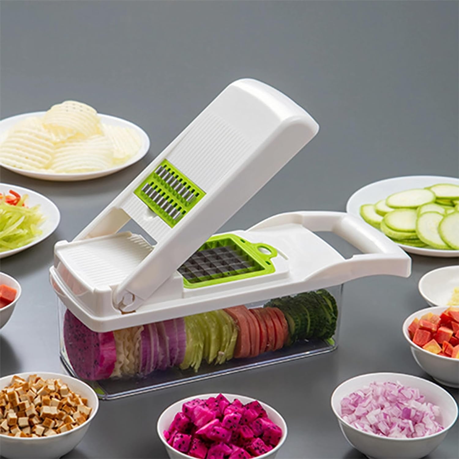 Feliator Multifunctional, Razatoare, 8 in 1, pentru Fructe si Legume, 10 Piese, Lame de Inox, Recipient Stocare, Separator Oua, Protectie Mana, ABS, 67.5x38.5x49.5 cm, Verde/Alb