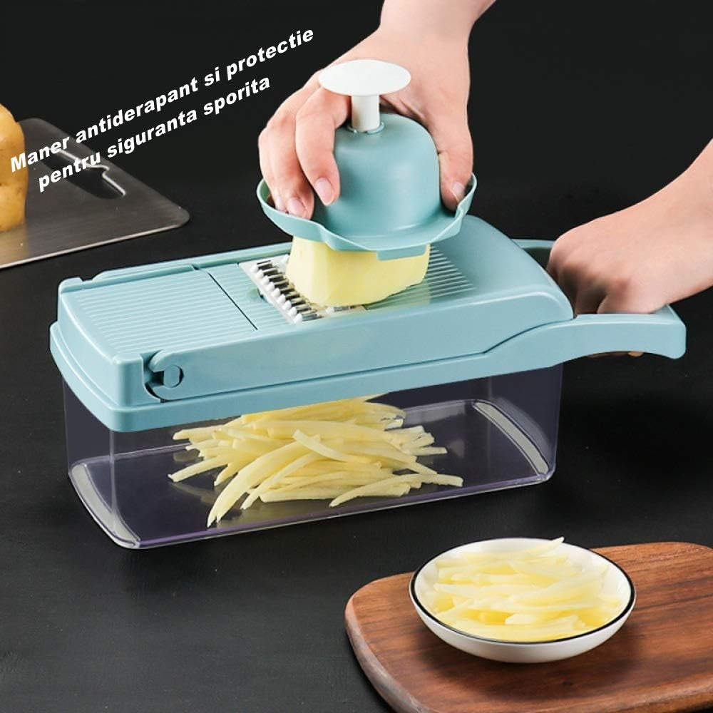 Feliator Multifunctional, Razatoare, 8 in 1, pentru Fructe si Legume, 10 Piese, Lame de Inox, Recipient Stocare, Separator Oua, Protectie Mana, ABS, 32.2x11.3 cm, Albastru/Alb