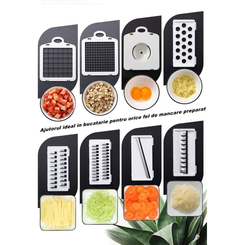 Feliator Multifunctional, Razatoare, 8 in 1, pentru Fructe si Legume, 10 Piese, Lame de Inox, Recipient Stocare, Separator Oua, Protectie Mana, ABS, 32.2x11.3 cm, Albastru/Alb
