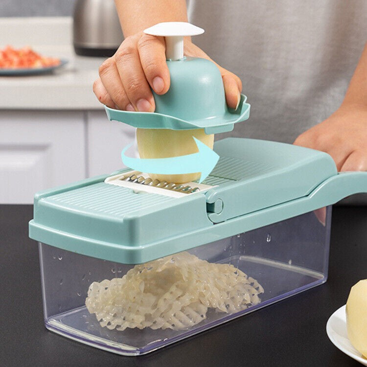 Feliator Multifunctional, Razatoare, 8 in 1, pentru Fructe si Legume, 10 Piese, Lame de Inox, Recipient Stocare, Separator Oua, Protectie Mana, ABS, 32.2x11.3 cm, Albastru/Alb
