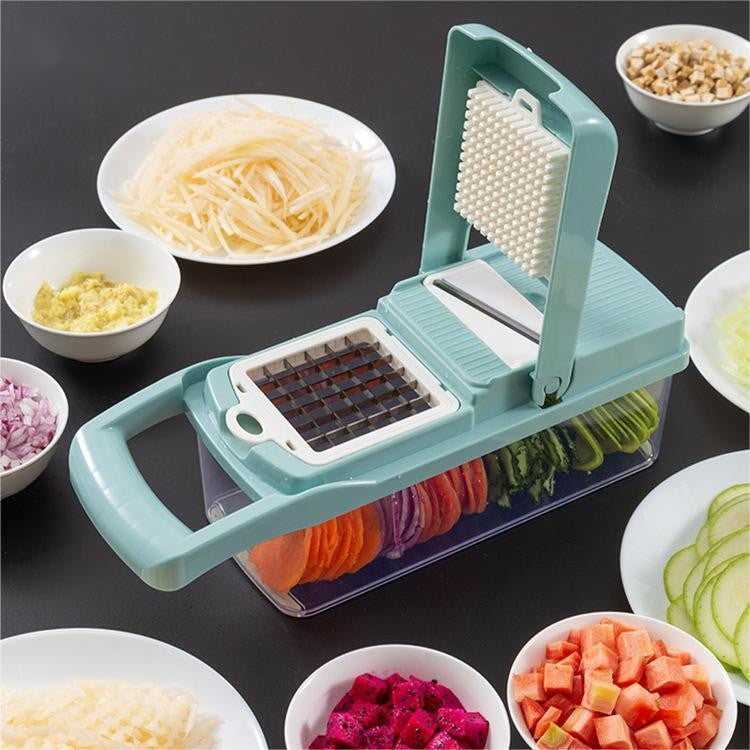 Feliator Multifunctional, Razatoare, 8 in 1, pentru Fructe si Legume, 10 Piese, Lame de Inox, Recipient Stocare, Separator Oua, Protectie Mana, ABS, 32.2x11.3 cm, Albastru/Alb
