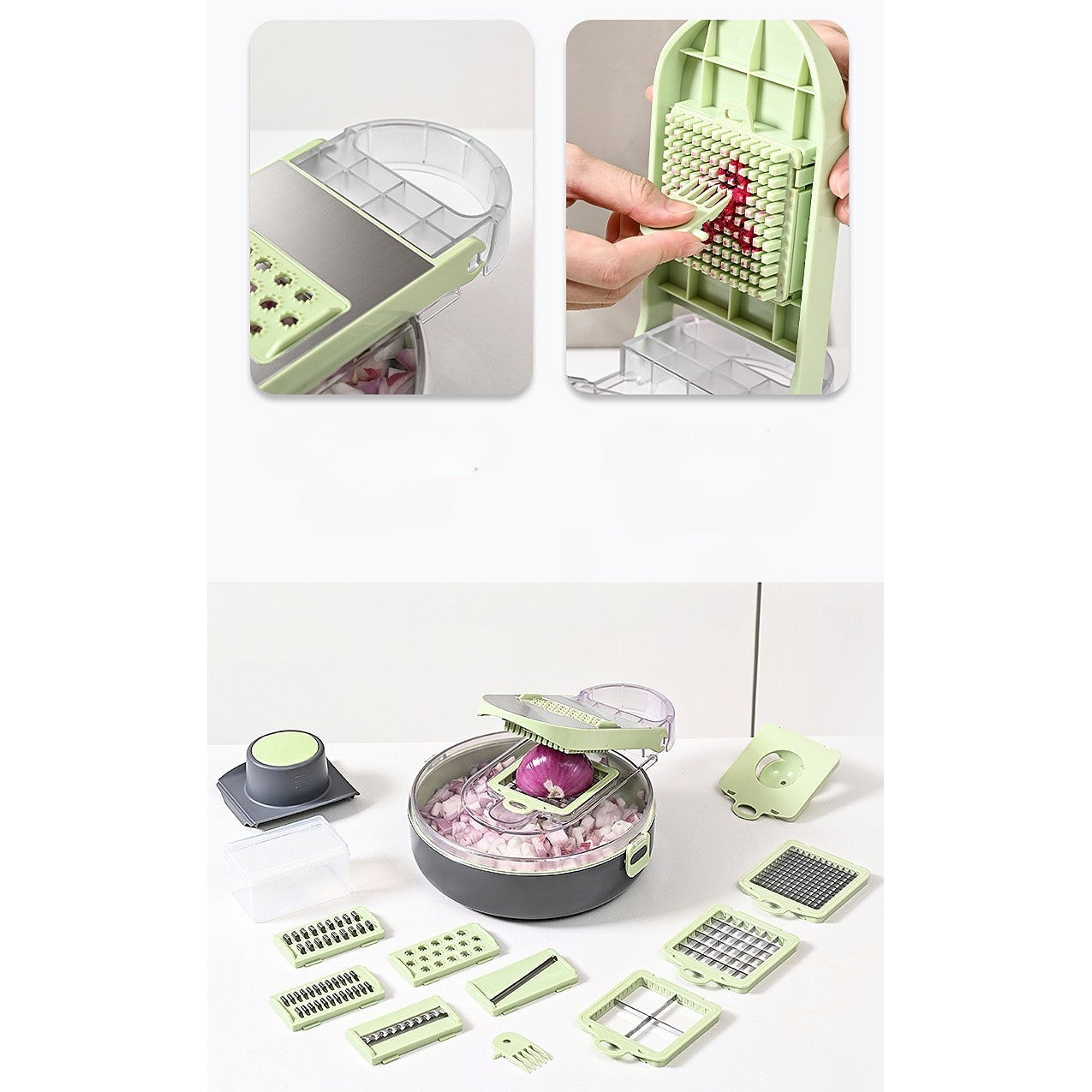 Feliator Multifunctional, Razatoare, 8 in 1, pentru Fructe si Legume, 12 Piese, Lame de Inox, Recipient Stocare, Separator Oua, Protectie Mana, ABS, Gri/Verde, 29.5x9x21.8 cm