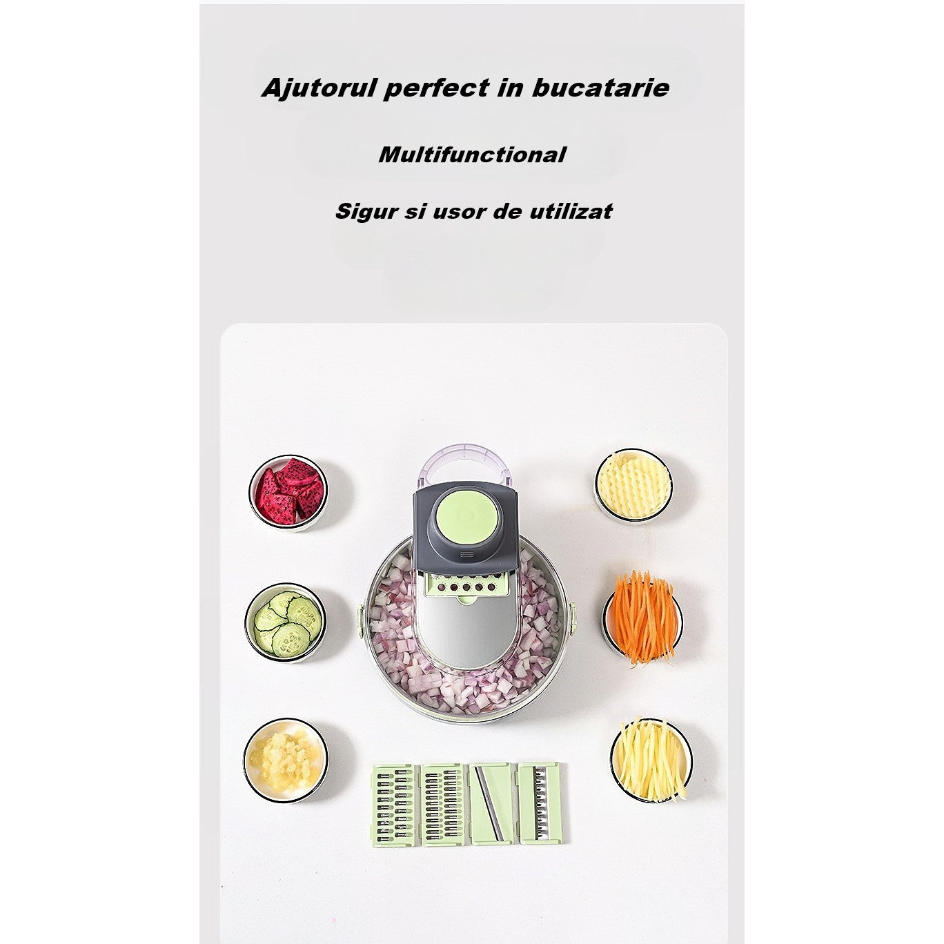 Feliator Multifunctional, Razatoare, 8 in 1, pentru Fructe si Legume, 12 Piese, Lame de Inox, Recipient Stocare, Separator Oua, Protectie Mana, ABS, Gri/Verde, 29.5x9x21.8 cm