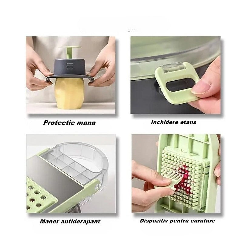 Feliator Multifunctional, Razatoare, 8 in 1, pentru Fructe si Legume, 12 Piese, Lame de Inox, Recipient Stocare, Separator Oua, Protectie Mana, ABS, Gri/Verde, 29.5x9x21.8 cm