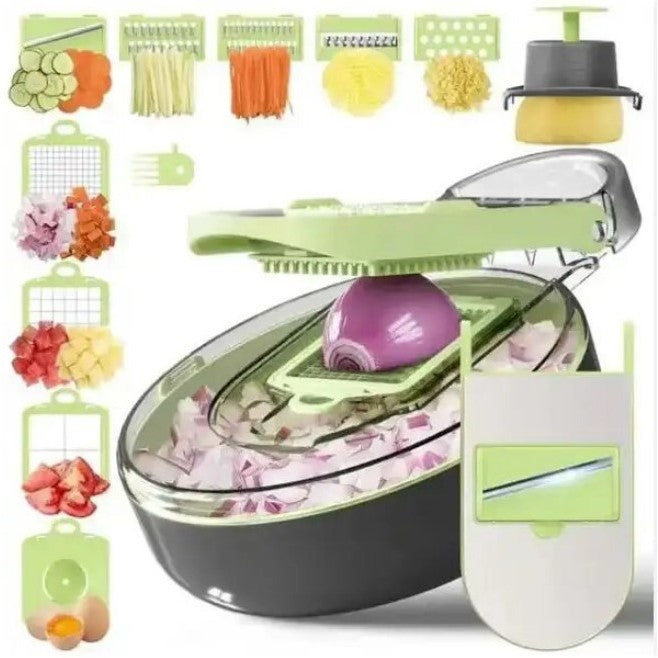 Feliator Multifunctional, Razatoare, 8 in 1, pentru Fructe si Legume, 12 Piese, Lame de Inox, Recipient Stocare, Separator Oua, Protectie Mana, ABS, Gri/Verde, 29.5x9x21.8 cm