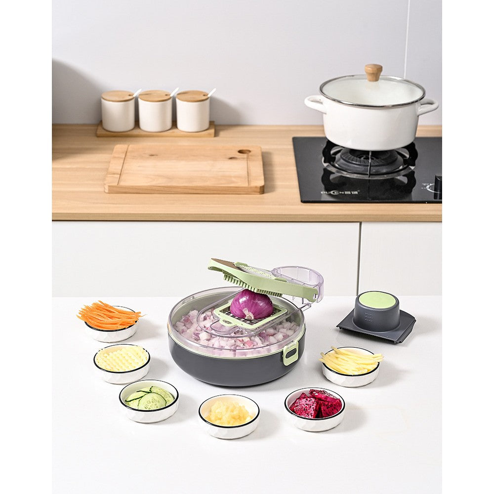 Feliator Multifunctional, Razatoare, 8 in 1, pentru Fructe si Legume, 12 Piese, Lame de Inox, Recipient Stocare, Separator Oua, Protectie Mana, ABS, Gri/Verde, 29.5x9x21.8 cm
