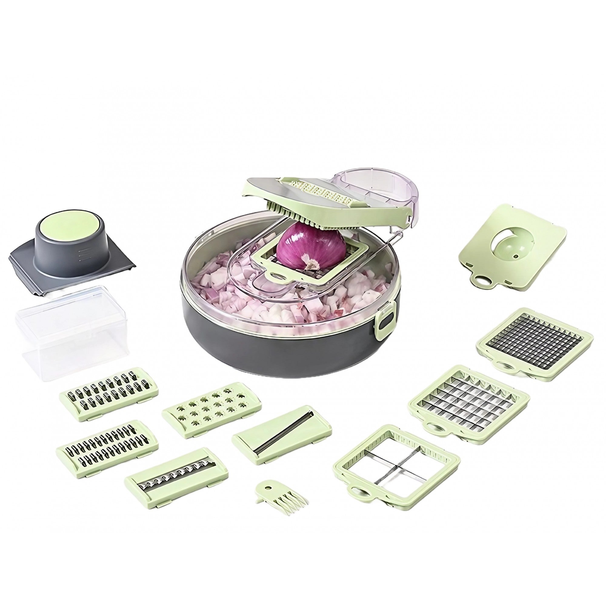 Feliator Multifunctional, Razatoare, 8 in 1, pentru Fructe si Legume, 12 Piese, Lame de Inox, Recipient Stocare, Separator Oua, Protectie Mana, ABS, Gri/Verde, 29.5x9x21.8 cm
