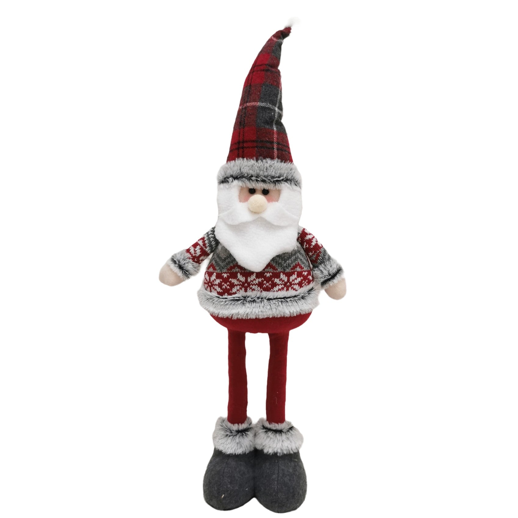 Figurina Decorativa, Pentru Craciun, Mos Craciun, Picioare Telescopice, Inaltime Reglabila 44-54cm, Bluza cu Fulgi, Rosu/Gri
