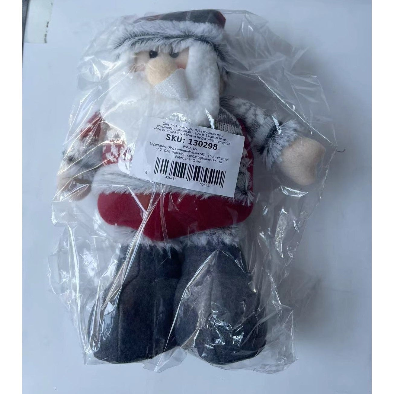 Figurina Decorativa, Pentru Craciun, Mos Craciun, Picioare Telescopice, Inaltime Reglabila 44-54cm, Bluza cu Fulgi, Rosu/Gri