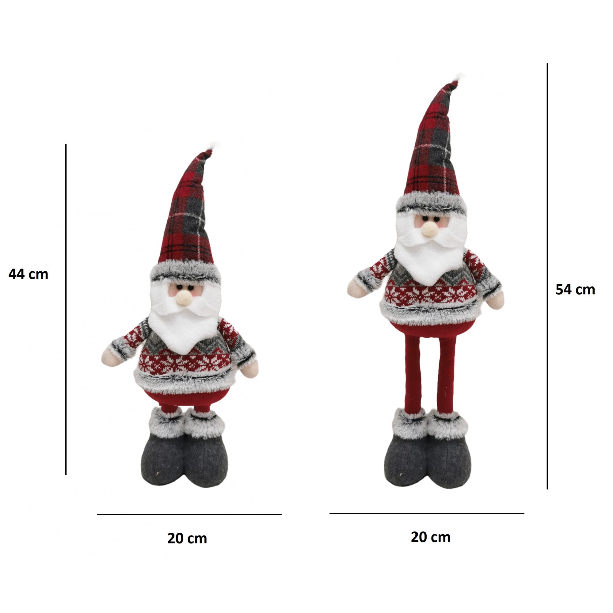 Figurina Decorativa, Pentru Craciun, Mos Craciun, Picioare Telescopice, Inaltime Reglabila 44-54cm, Bluza cu Fulgi, Rosu/Gri