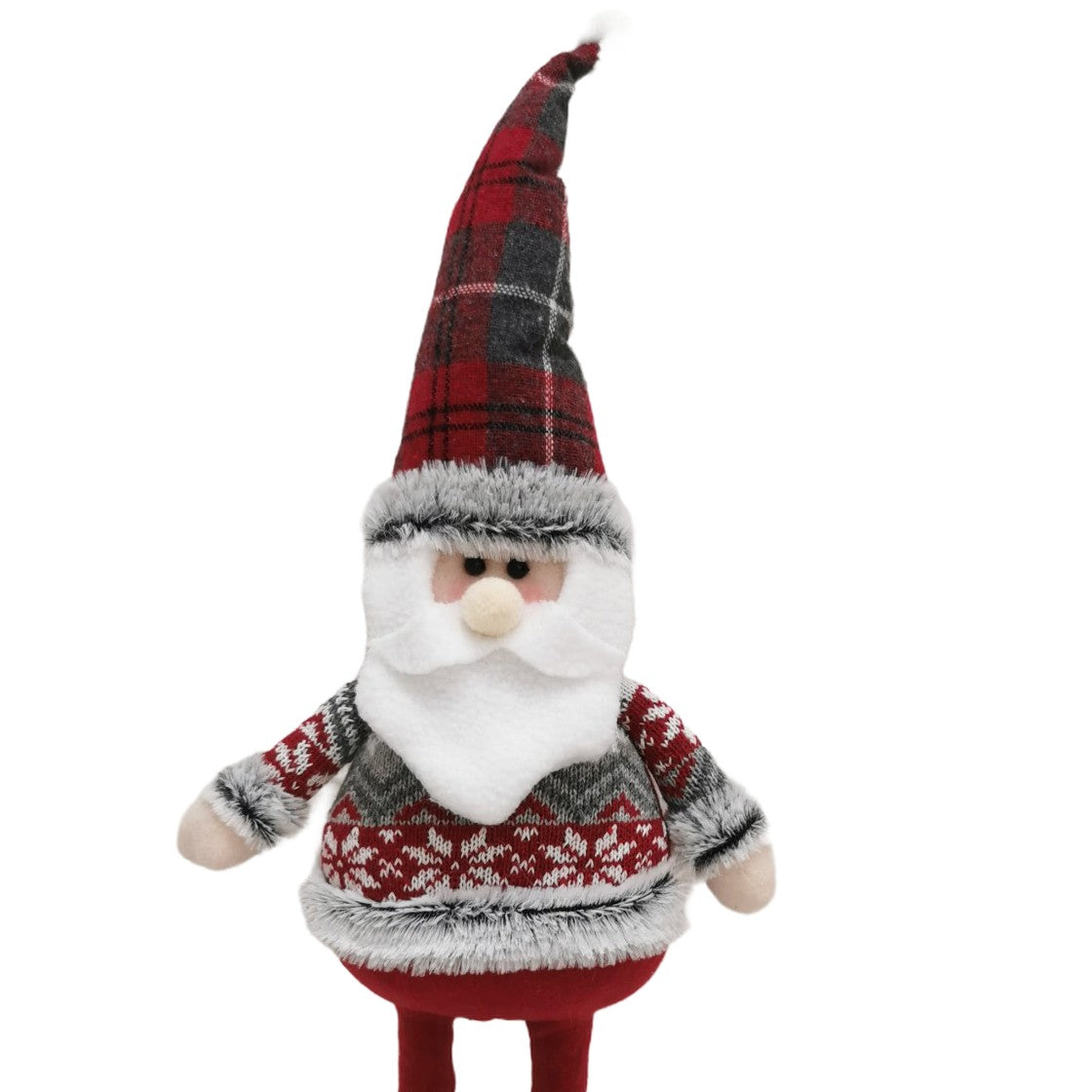 Figurina Decorativa, Pentru Craciun, Mos Craciun, Picioare Telescopice, Inaltime Reglabila 44-54cm, Bluza cu Fulgi, Rosu/Gri