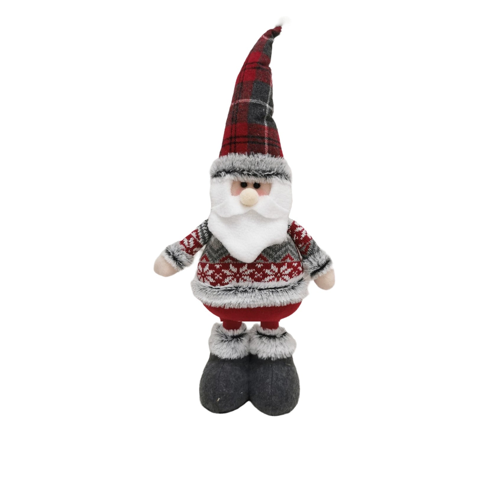 Figurina Decorativa, Pentru Craciun, Mos Craciun, Picioare Telescopice, Inaltime Reglabila 44-54cm, Bluza cu Fulgi, Rosu/Gri