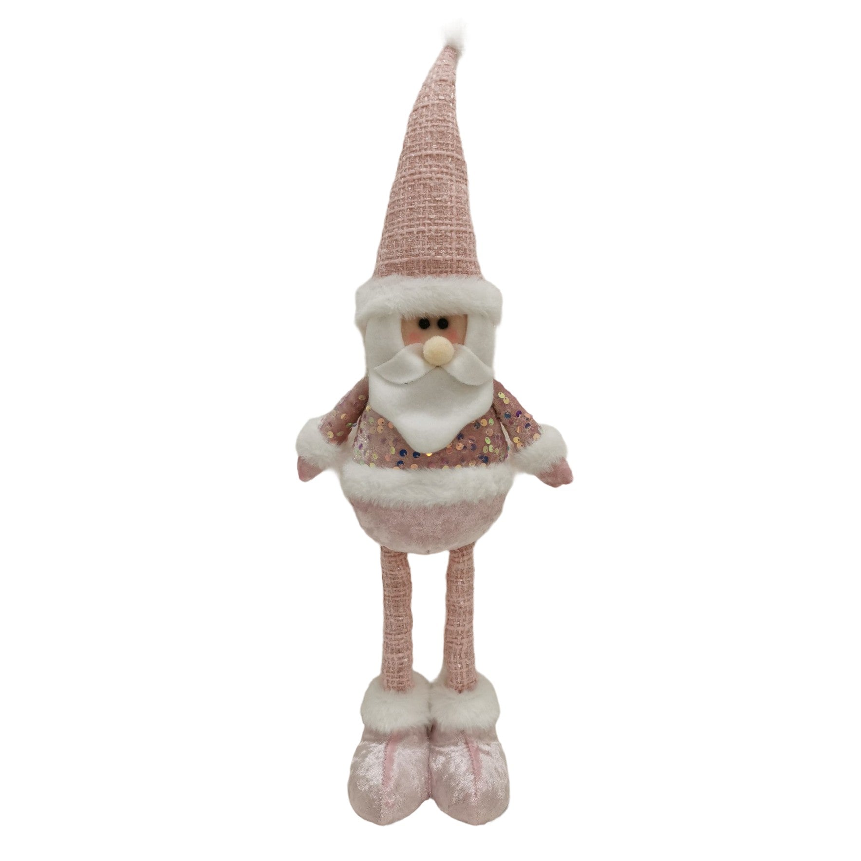 Figurina Decorativa, Pentru Craciun, Mos Craciun, Picioare Telescopice, Inaltime Reglabila 44-54cm, Bluza cu Paiete, Roz