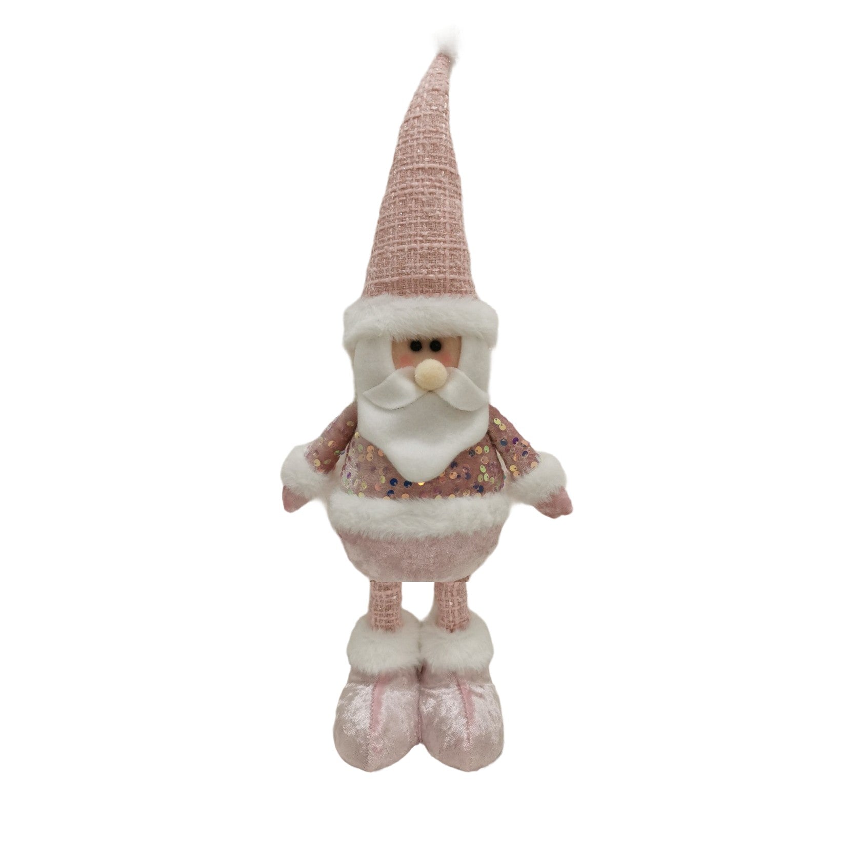Figurina Decorativa, Pentru Craciun, Mos Craciun, Picioare Telescopice, Inaltime Reglabila 44-54cm, Bluza cu Paiete, Roz
