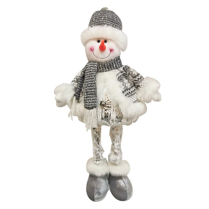 Figurina Decorativa, Pentru Craciun, Om de Zapada, Picioare Telescopice, Inaltime Reglabila 33- 70 cm, Pantaloni Luciosi, Alb/Argintiu