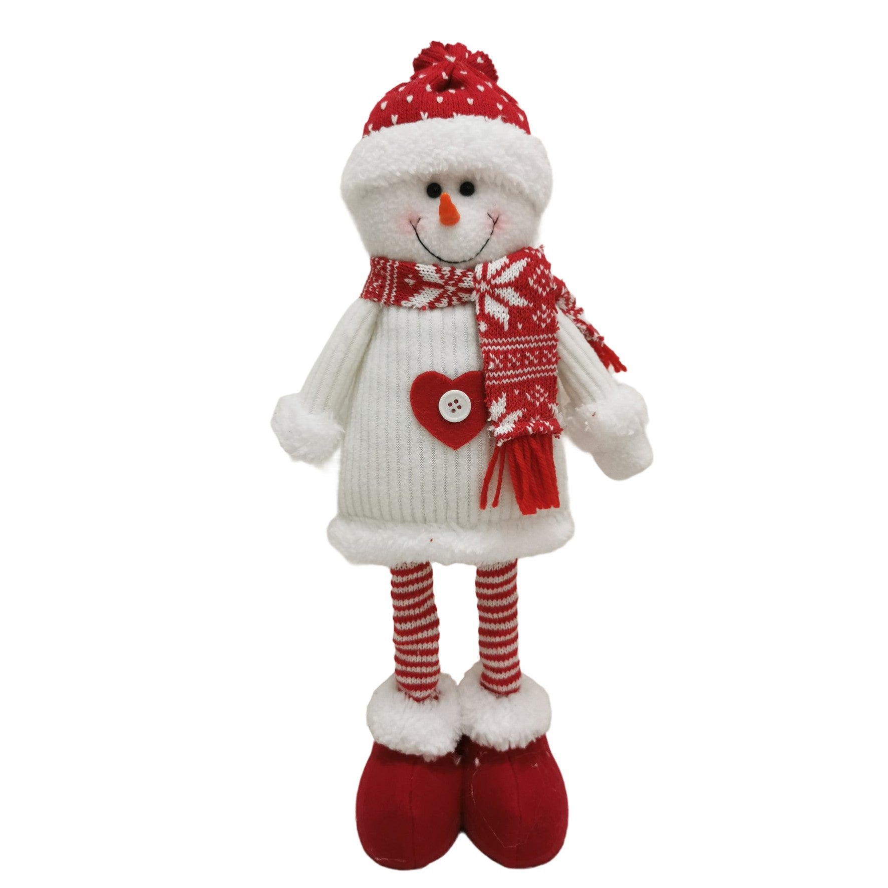 Figurina Decorativa, Pentru Craciun, Om de Zapada, Picioare Telescopice, Inaltime Reglabila 44-54cm, Caciula cu Inimioare, Alb/Rosu