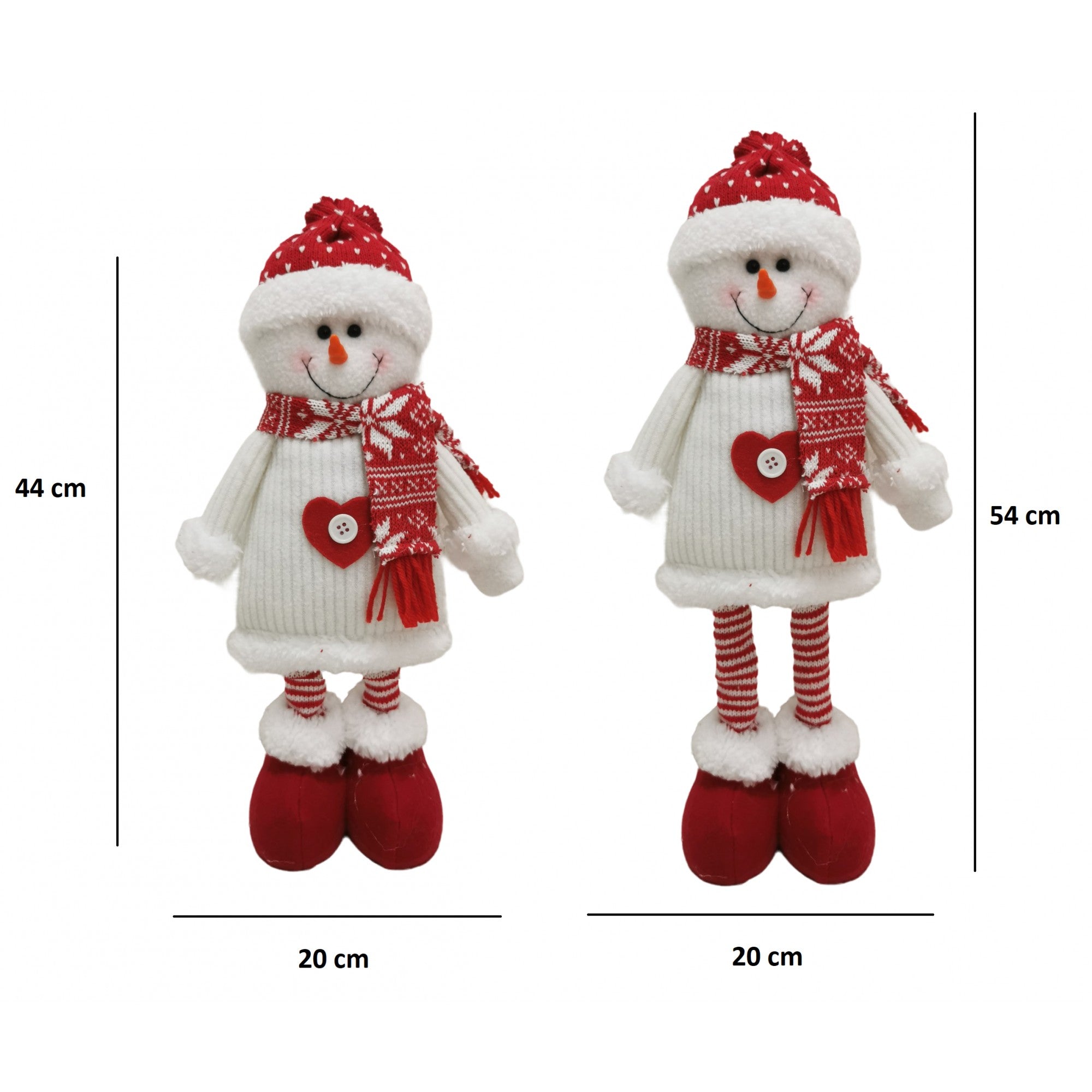 Figurina Decorativa, Pentru Craciun, Om de Zapada, Picioare Telescopice, Inaltime Reglabila 44-54cm, Caciula cu Inimioare, Alb/Rosu
