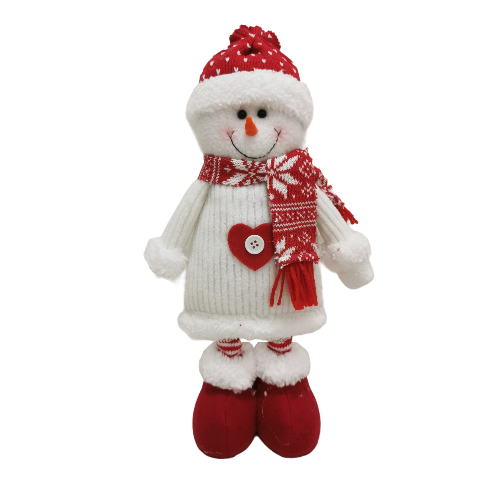 Figurina Decorativa, Pentru Craciun, Om de Zapada, Picioare Telescopice, Inaltime Reglabila 44-54cm, Caciula cu Inimioare, Alb/Rosu