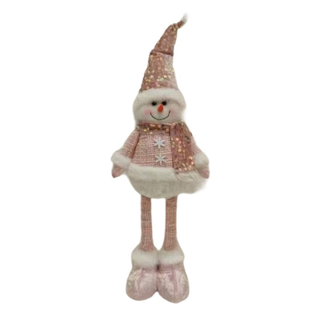 Figurina Decorativa, Pentru Craciun, Om de Zapada, Picioare Telescopice, Inaltime Reglabila 44-54cm, Caciula cu Paiete, Roz