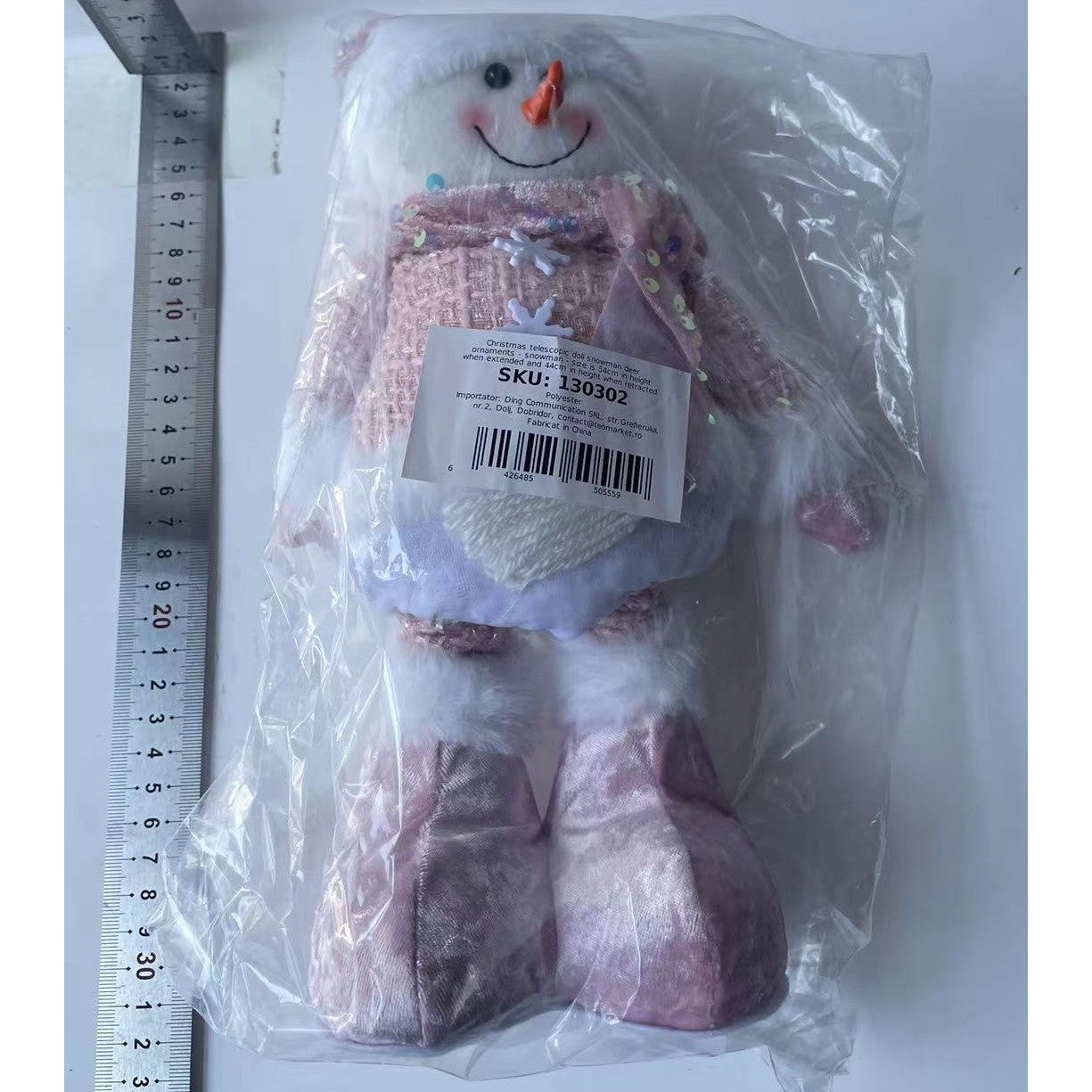 Figurina Decorativa, Pentru Craciun, Om de Zapada, Picioare Telescopice, Inaltime Reglabila 44-54cm, Caciula cu Paiete, Roz
